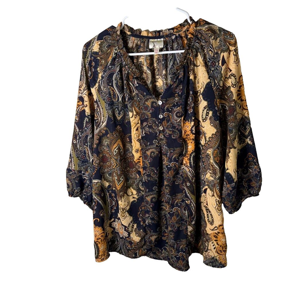 Fig & Flower Blouse Women's 1X Popover Short Sleeve Career Paisley Top Shirt